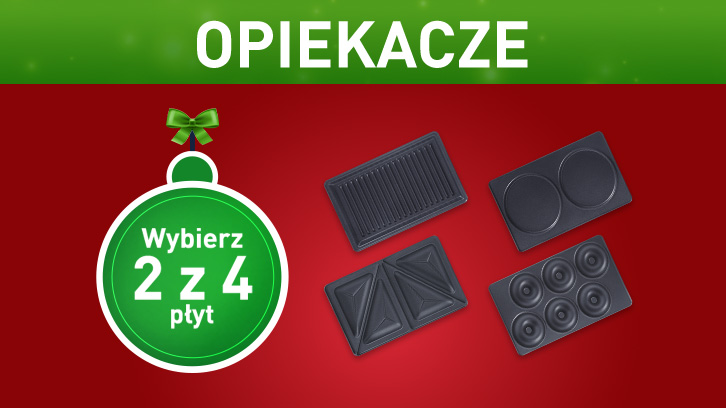 Czerwone tło z tekstem "Opiekacze", zielona ozdoba i płyty do opiekania w różnych kształtach.
