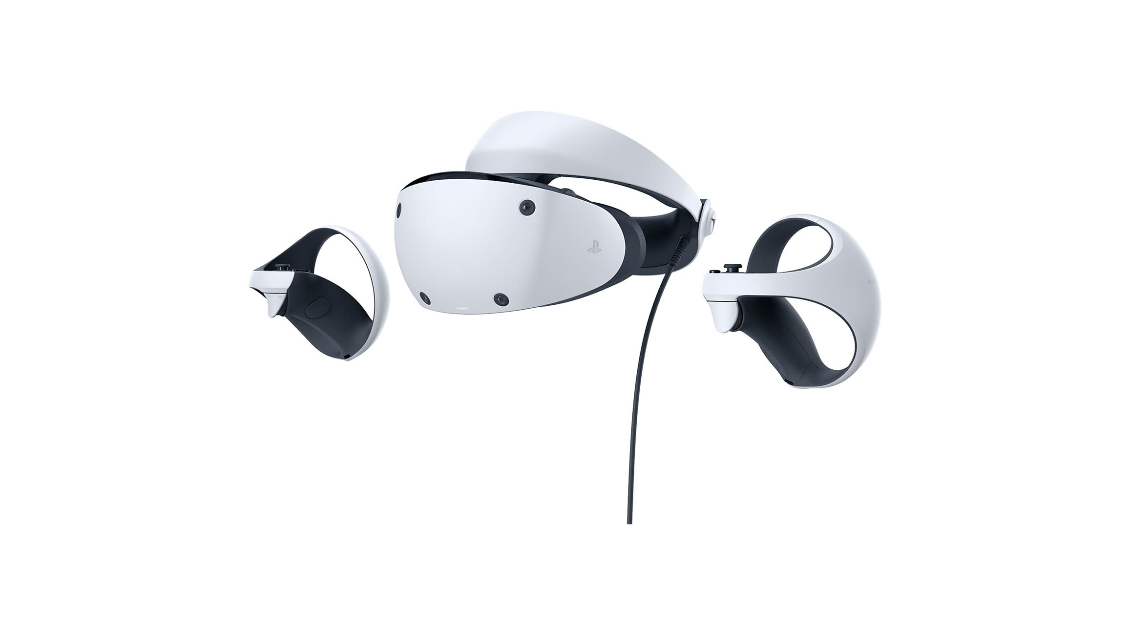 Białe gogle Sony PlayStation VR2 z czarnymi detalami oraz dwoma kontrolerami, zestaw prezentowany na białym tle.