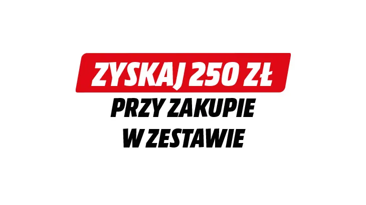 Zyskaj 250 zł - biały napis na czerwonym tle, Przy zakupie w zestawie - czarny napis na białym tle.