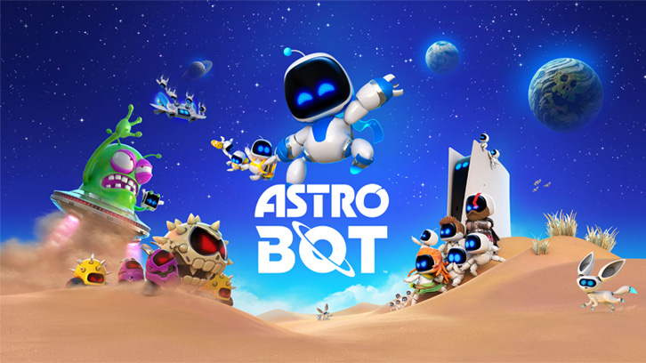 Na obrazku widoczna animowana grafika z robotami na tle kosmosu i piaszczystego krajobrazu, z napisem "ASTRO BOT" na środku.