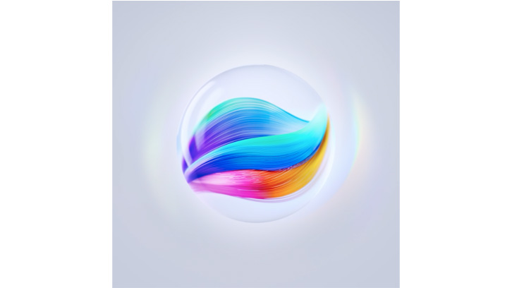 Abstrakcyjne tło z trzema kolorowymi warstwami w kształcie płatków, w odcieniach fioletu, niebieskiego i pomarańczowego.