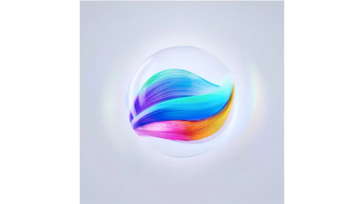 Abstrakcyjne tło z trzema kolorowymi warstwami w kształcie płatków, w odcieniach fioletu, niebieskiego i pomarańczowego.