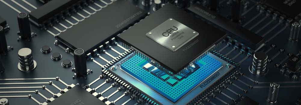 Płyta główna komputera z procesorem CPU na górze, z niebieskimi i czarnymi komponentami.