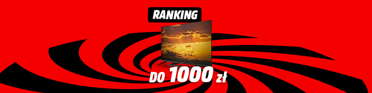 Grafika telewizora na tle czerwono-czarnego wiru. Napis: Ranking do 1500 zł. 
