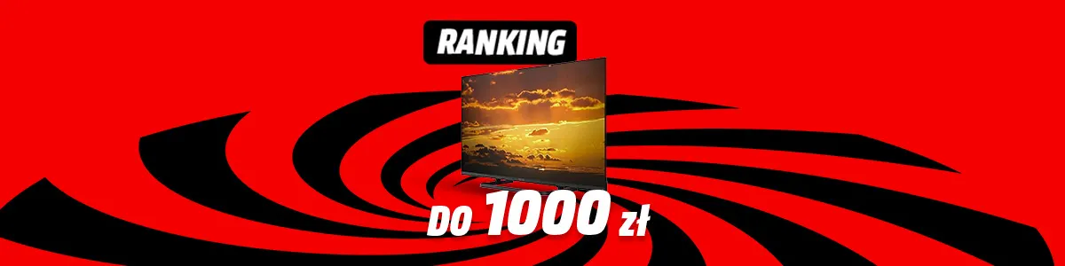 Grafika telewizora na tle czerwono-czarnego wiru. Napis: Ranking do 1500 zł. 