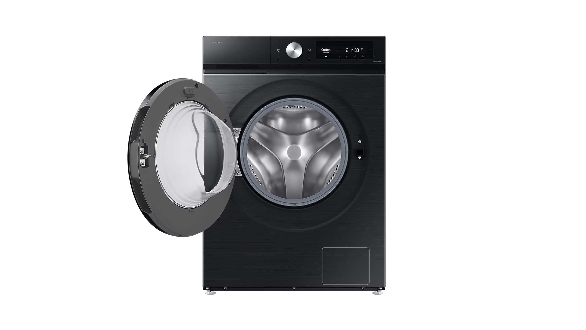 Czarna pralko-suszarka Samsung z dużym, czarnym, okrągłym oknem drzwiowym i cyfrowym panelem sterowania, ustawiona na białym tle, widok z przodu.