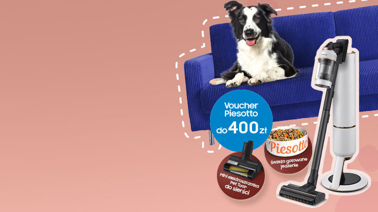 Na różowym tle pies leży na niebieskiej kanapie obok odkurzacza i miski karmy dla psów. Reklama vouchera Piesotto na 400 zł.