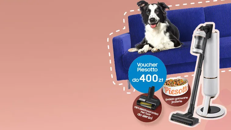 Na różowym tle pies leży na niebieskiej kanapie obok odkurzacza i miski karmy dla psów. Reklama vouchera Piesotto na 400 zł.