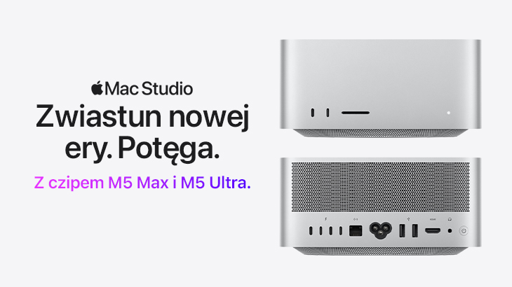 Mac Studio Zwiastun nowej ery. Potęga. Z czipem M5 Max i M5 Ultra. Obok dwie perspektywy mac studio na szarym tle.