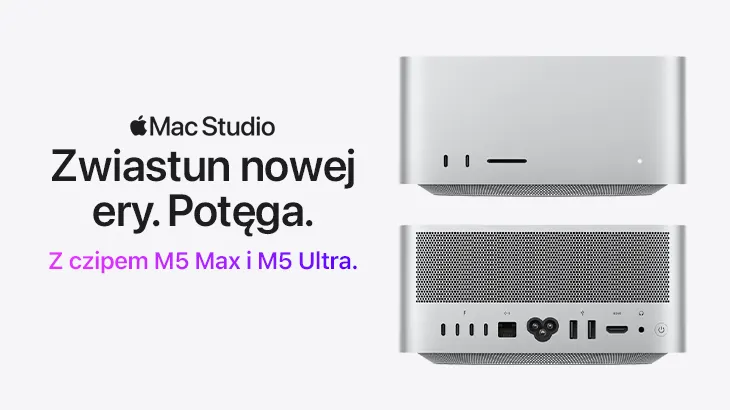 Mac Studio Zwiastun nowej ery. Potęga. Z czipem M5 Max i M5 Ultra. Obok dwie perspektywy mac studio na szarym tle.