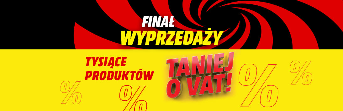 Tekst finał wyprzedaży, tysiące produktów taniej o VAT! Żółte tło z czerwonymi procentami.