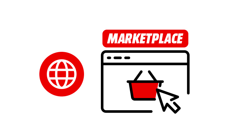 Czerwone logo globu obok ikony sklepu internetowego z koszykiem i kursorem; napis "Marketplace" u góry.