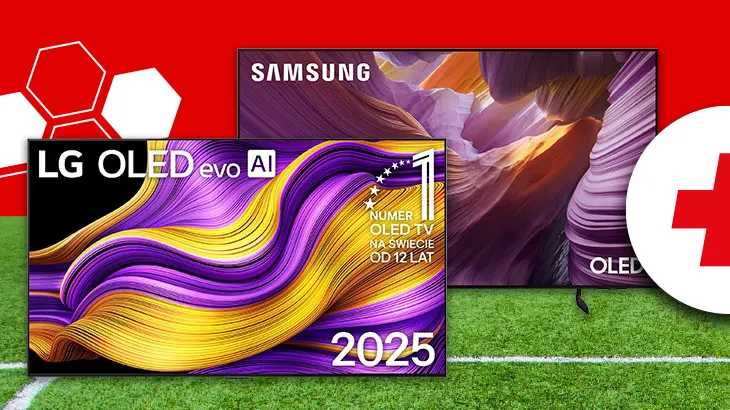 Dwa telewizory, na zielonej trawie z tyłu czerwone tło i ikona piłki.