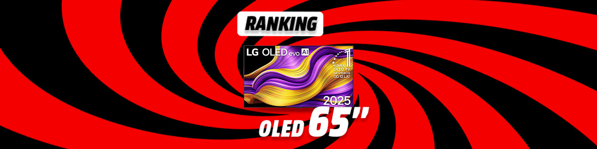 Grafika rankingu TV OLED 65 cali - zwycięski telewizor na tle wizualizacji czerwono-czarnego wiru.