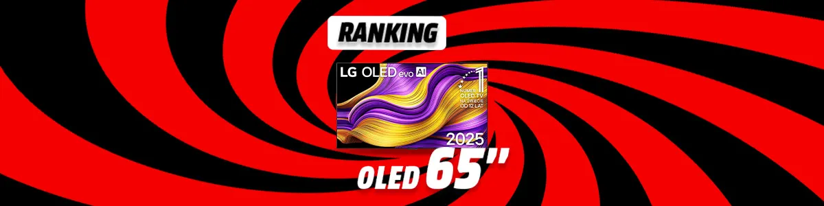 Grafika rankingu TV OLED 65 cali - zwycięski telewizor na tle wizualizacji czerwono-czarnego wiru.