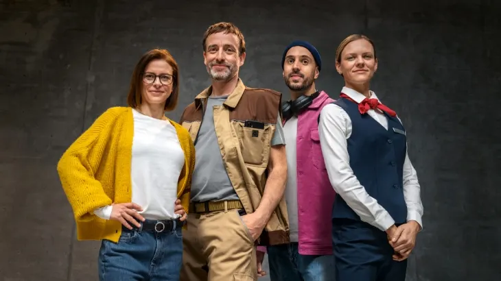 Na szarym tle stoi czwórka osób ubranych w różne stroje zawodowe: kobieta w żółtym kardiganie, mężczyzna w kombinezonie, mężczyzna ze słuchawkami i kobieta w uniformie.