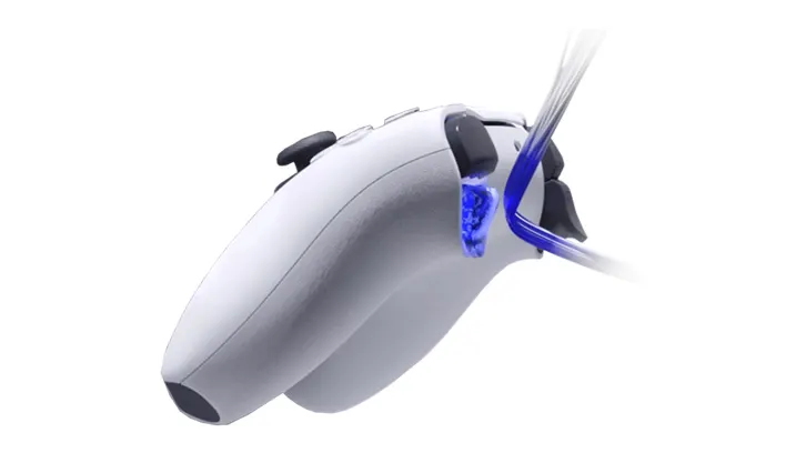 Biały kontroler do gier z czarnymi przyciskami na tle białego tła, z efektem niebieskiego światła.