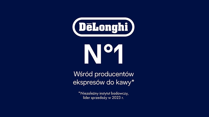 Na granatowym tle białe logo DeLonghi, napis "N°1" i tekst "Wśród producentów ekspresów do kawy".