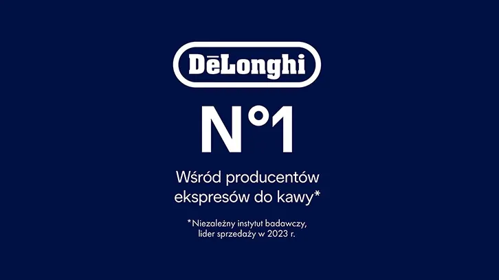 Na granatowym tle białe logo DeLonghi, napis "N°1" i tekst "Wśród producentów ekspresów do kawy".