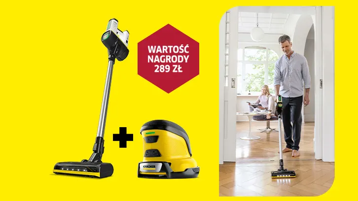 Odkurzacz, skrobaczka do szyb prezentowane na żółtym tle - Obok mężczyzna odkurzający podłogę