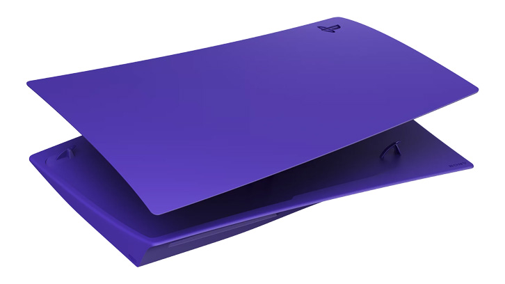 Fioletowe panele konsoli PlayStation 5 na białym tle, ułożone jeden na drugim pod lekkim kątem.