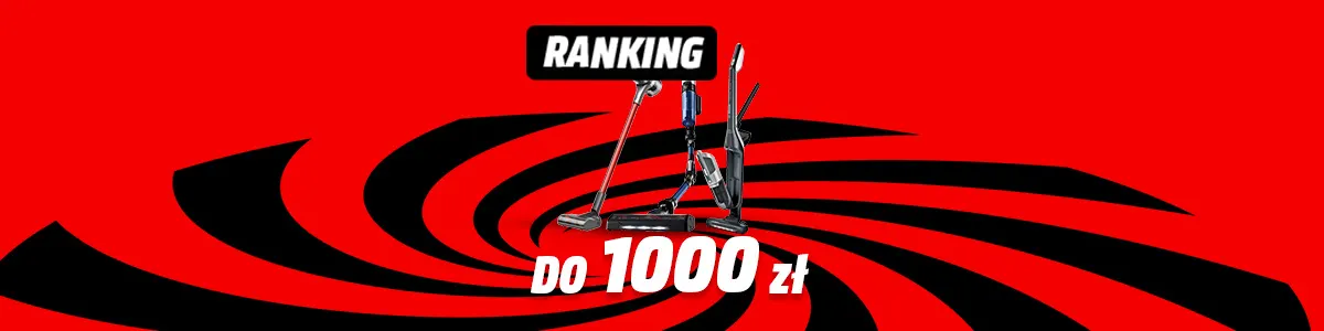 Na czerwonym tle z czarnymi spiralnymi wzorami stoją trzy odkurzacze obok napisu "Ranking do 1000 zł".