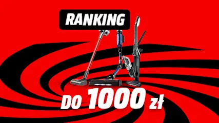 Na czerwonym tle z czarnymi spiralnymi wzorami stoją trzy odkurzacze obok napisu "Ranking do 1000 zł".