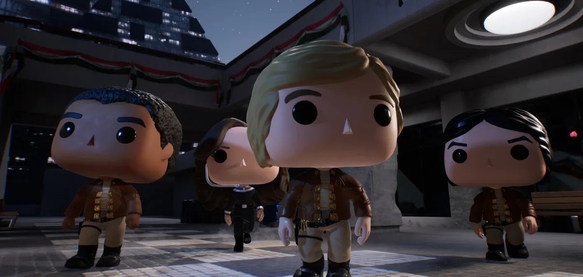 Cztery figurki Funko Pop w brązowych kurtkach stoją na ulicy nocą, a w tle widać budynek.