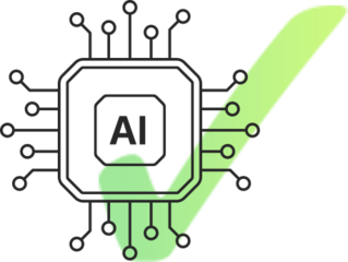 Czarno-biały schemat układu scalonego z napisem AI, nałożony na zielony znak zaznaczenia na białym tle.