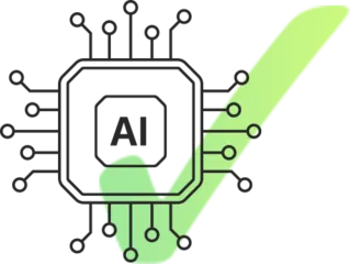 Czarno-biały schemat układu scalonego z napisem AI, nałożony na zielony znak zaznaczenia na białym tle.