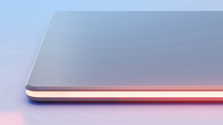 Szary prostokąt na niebieskim tle. Pod spodem widoczny blask czerwonego światła.