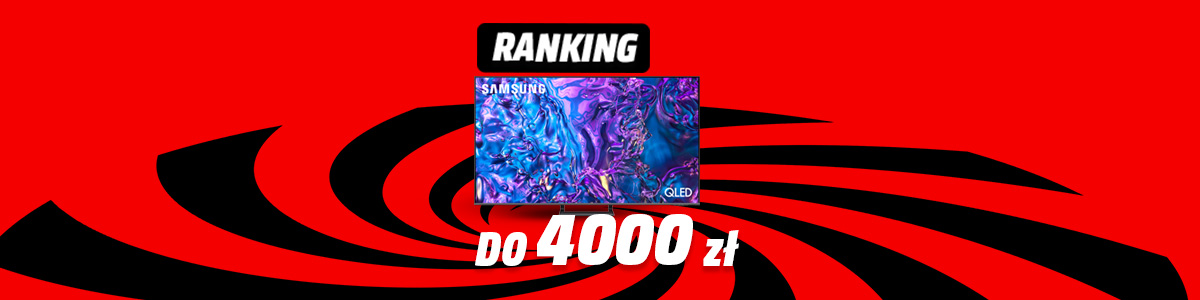 Czerwone tło z czarnymi spiralnymi liniami. Na środku telewizor Samsung QLED i napis "RANKING do 4000 zł".