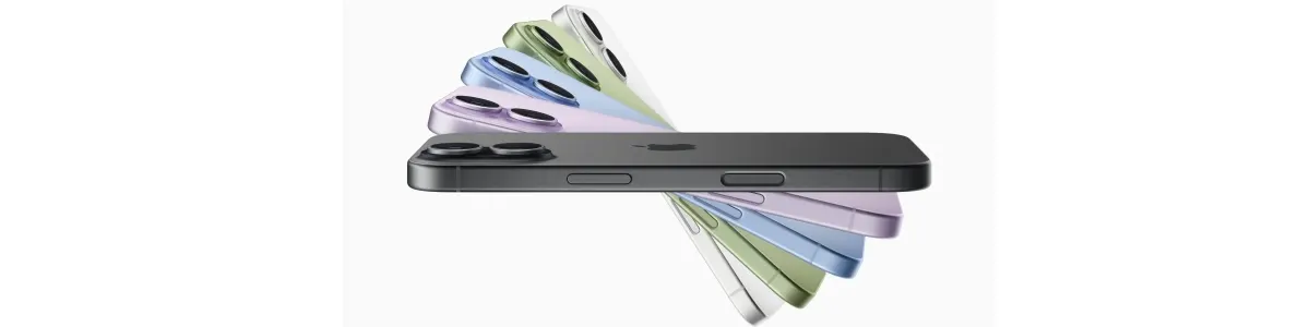 Pięć smartfonów Apple iPhone 17 w różnych kolorach, ułożone w formę wachlarza.