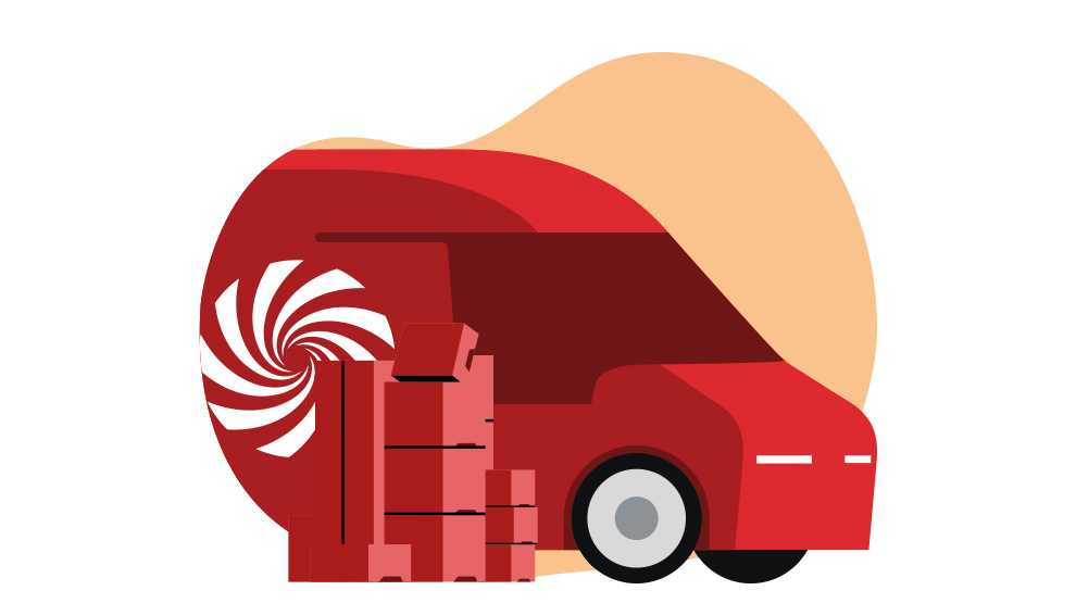 Czerwony samochód dostawczy z ładunkiem pudeł na białym tle z beżowym kształtem. Na naczepie wirujący wzór.