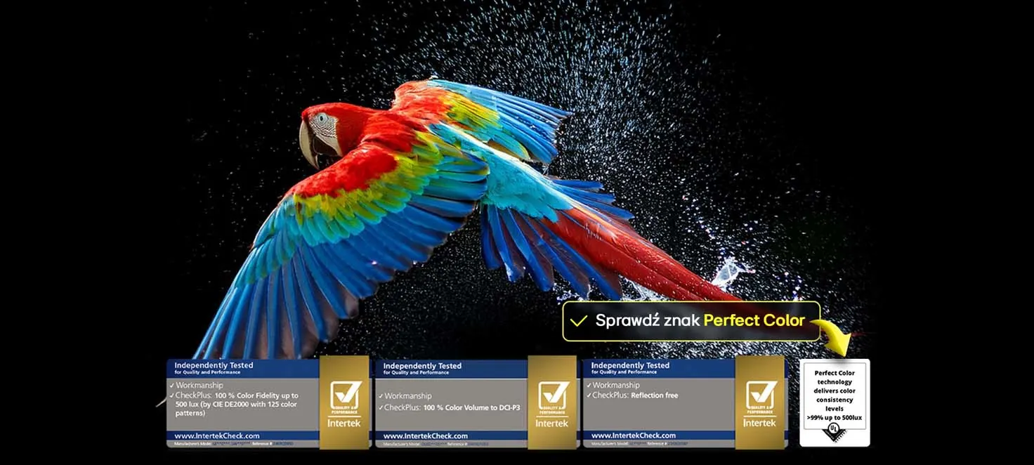 Kolorowa papuga, a pod nią różne certyfikaty jakości