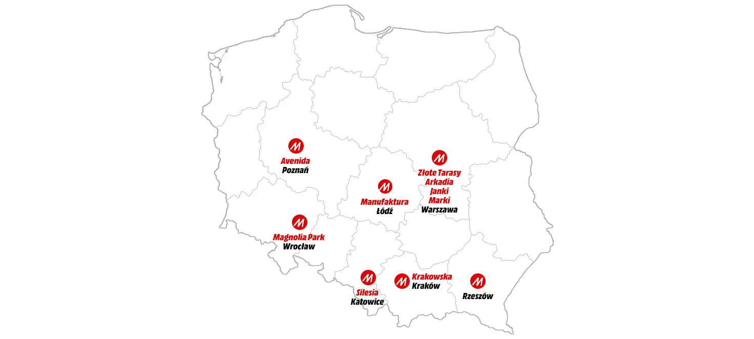 Mapa Polski przedstawiająca lokalizację sklepów MediaMarkt gdzie znajdują się doradcy Microsoft