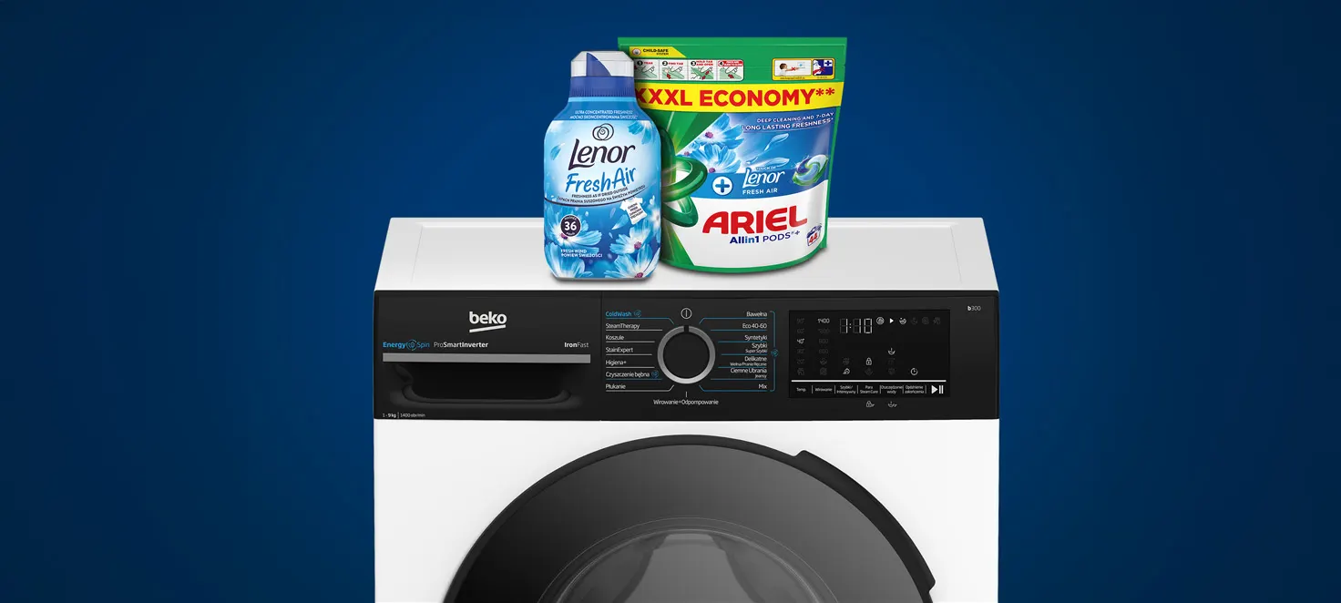 Pralka Beko, a niej stojące płyn Lenor i kapsułki do prania Ariel