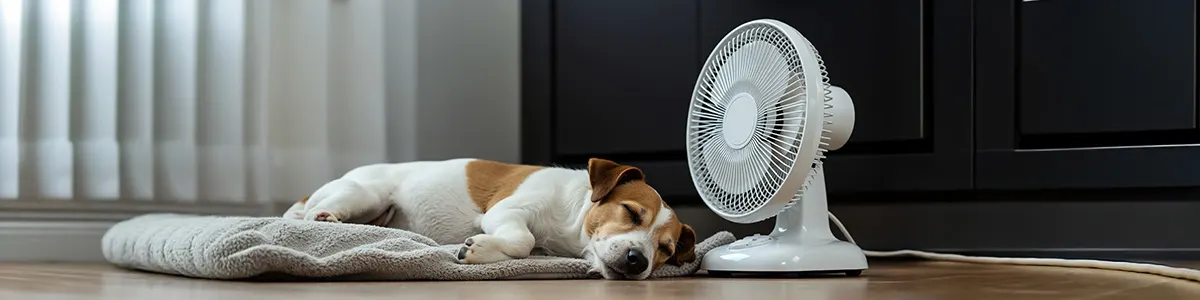 Mały pies śpi pod cichym wentylatorem wiatrakowym w sypialni, w tyle czarna komoda.