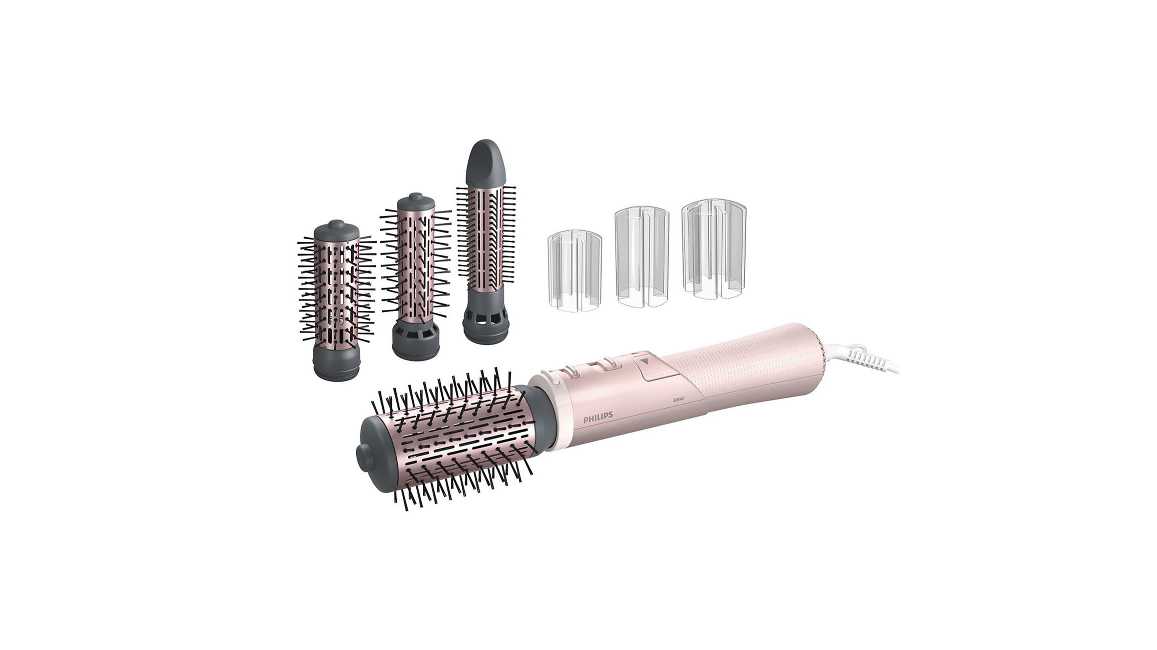 Różowa lokówko-suszarka Philips z trzema wymiennymi szczotkami i ergonomicznym uchwytem, ustawiona na białym tle.