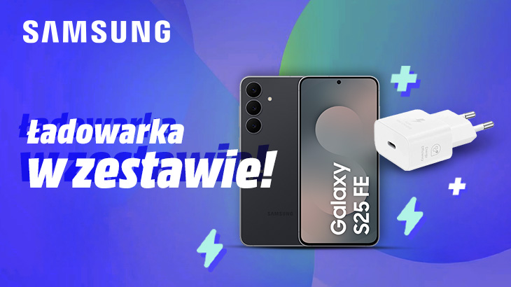 Ładowarka w zestawie! - Telefon Samsung Galaxy S25 FE w zestawie z kostką do ładowania, obok nich emotikony ładowania