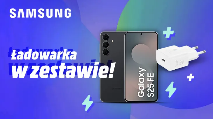 Ładowarka w zestawie! - Telefon Samsung Galaxy S25 FE w zestawie z kostką do ładowania, obok nich emotikony ładowania