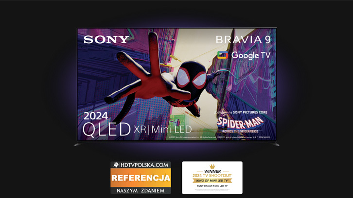 Telewizor Sony Bravia 9, a na nim wyświetlany film "Spider-Man Across The SpiderVerse"