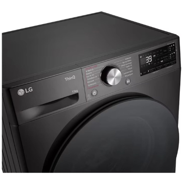 Czarna pralka LG z panelem sterowania, okrągłym pokrętłem i wyświetlaczem cyfrowym pokazującym liczbę 39.