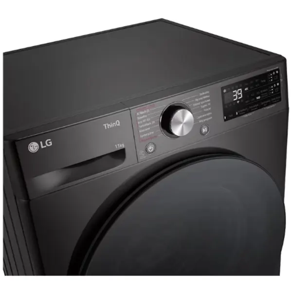 Czarna pralka LG z panelem sterowania, okrągłym pokrętłem i wyświetlaczem cyfrowym pokazującym liczbę 39.