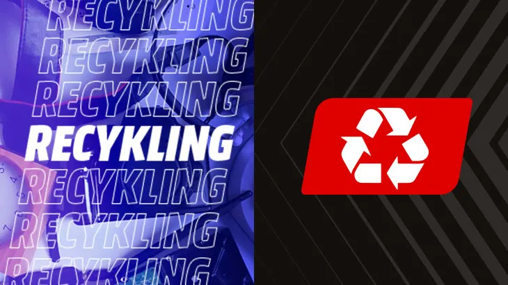 Po lewej stronie niebieski napis "Recykling", po prawej czerwony symbol recyklingu na czarnym tle.