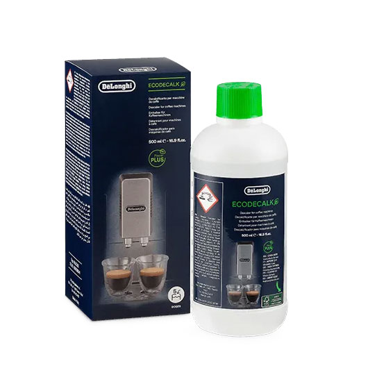 Pudełko i butelka DeLonghi ECODECALK; roztwór do czyszczenia ekspresów do kawy. Butelka ma zieloną zakrętkę.