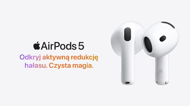 Apple AirPods 5 - Odkryj aktywną redukcję hałasu. Czysta magia. Na grafice widnieje nowy model bezprzewodowych słuchawek AirPods 5 w kolorze białym od Apple.