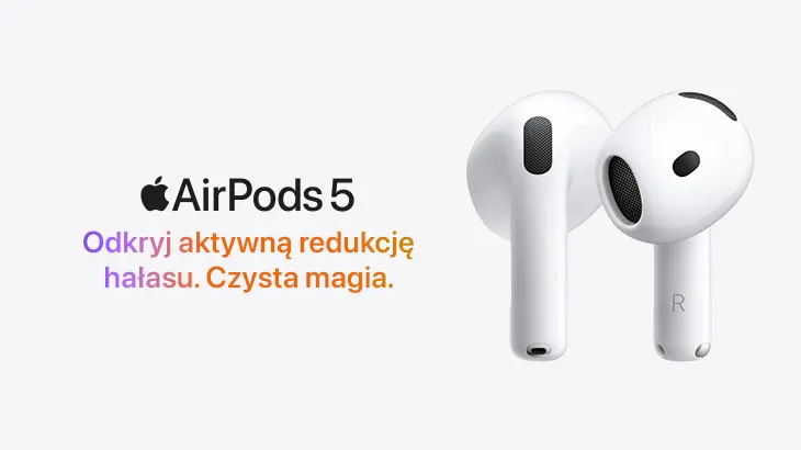 Apple AirPods 5 - Odkryj aktywną redukcję hałasu. Czysta magia. Na grafice widnieje nowy model bezprzewodowych słuchawek AirPods 5 w kolorze białym od Apple.