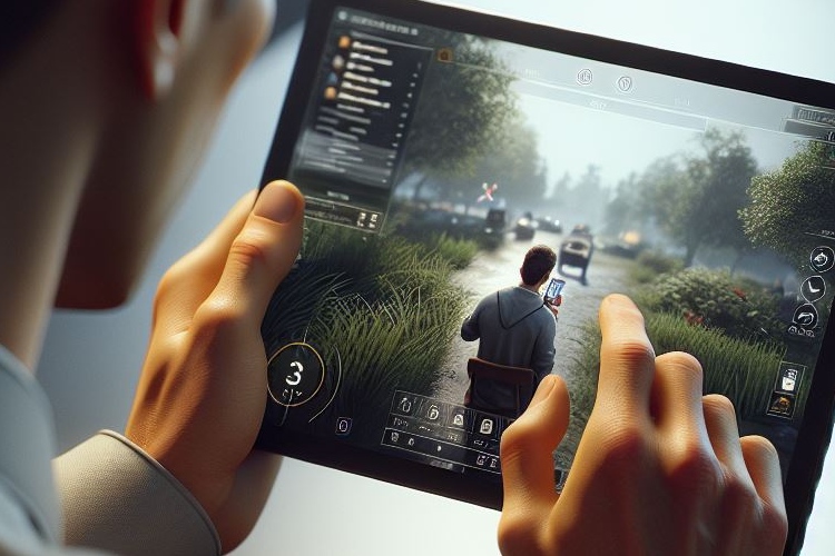 Osoba trzyma tablet z włączoną grą z widokiem na drogę, po której jadą samochody. Z boku widoczne menu gry.