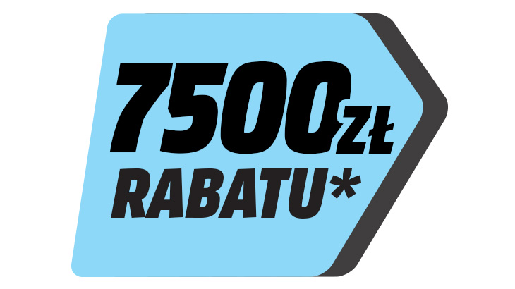 Niebieska strzałka z napisem „7500 zł RABATU*” czarną czcionką i czerwoną obwódką na białym tle.